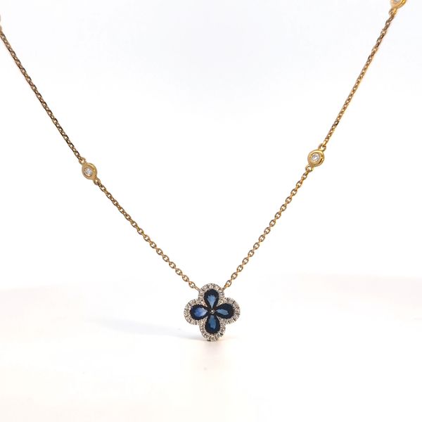 18k Yellow Gold Royal Blue Sapphire and Diamond Floral Motif Necklace Arezzo Jewelers Elmwood Park, IL