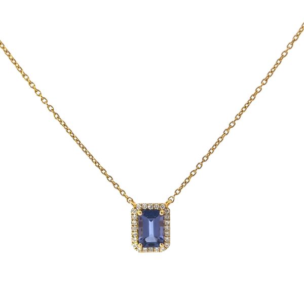 18k Yellow Gold Emerald Cut Tanzanite and Diamond Halo Necklace Arezzo Jewelers Elmwood Park, IL
