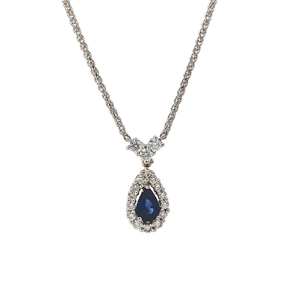Pear-Shaped Sapphire & Diamond Halo Pendant in 14K White Gold Arezzo Jewelers Elmwood Park, IL