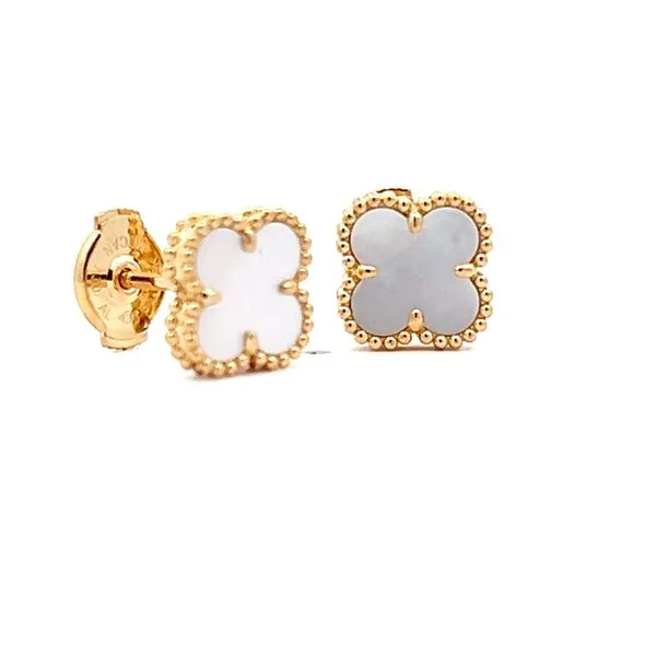 18K Yellow Gold White Alhambra Mini Stud Earrings Image 2 Arezzo Jewelers Elmwood Park, IL