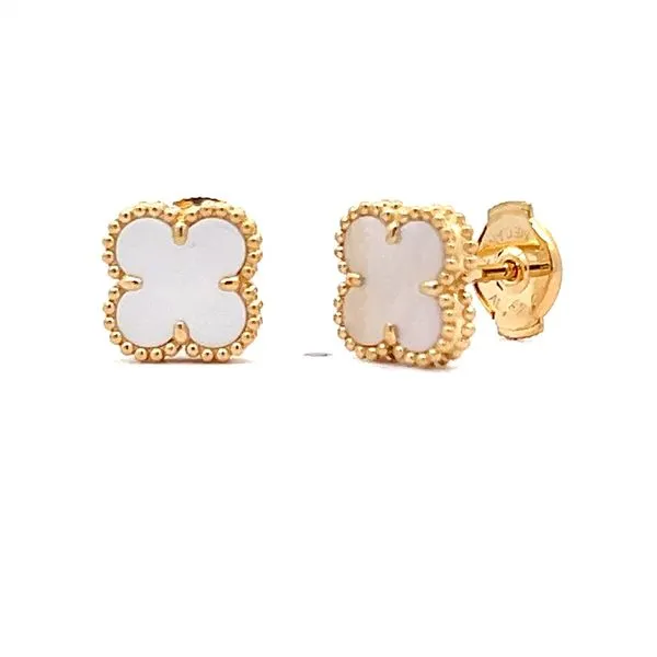 18K Yellow Gold White Alhambra Mini Stud Earrings Arezzo Jewelers Elmwood Park, IL