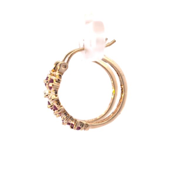 14 Karat Yellow Gold Ruby and Diamond Hoop Earrings Image 2 Arezzo Jewelers Elmwood Park, IL