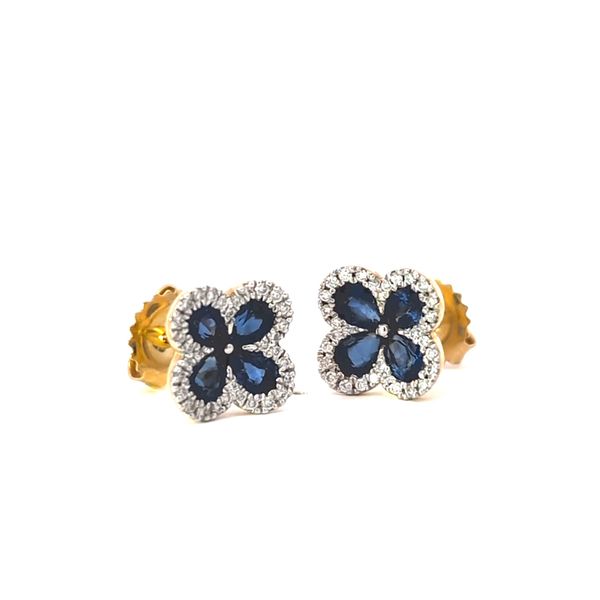 Royal Blue Sapphire Clover Stud Earrings in 18k Yellow Gold Image 2 Arezzo Jewelers Elmwood Park, IL