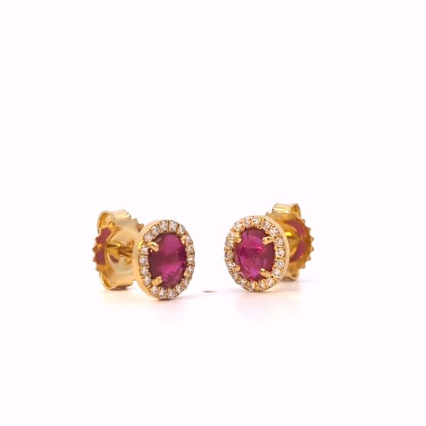 Oval Red Ruby and Diamond Halo Stud Earrings in 18k Yellow Gold Image 2 Arezzo Jewelers Elmwood Park, IL