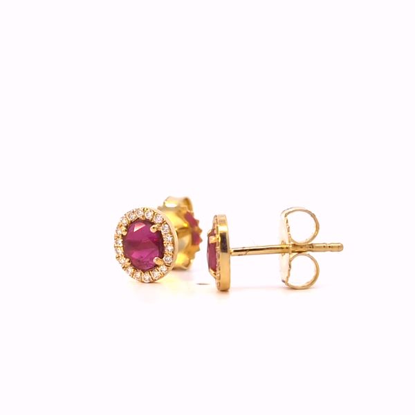 Oval Red Ruby and Diamond Halo Stud Earrings in 18k Yellow Gold Image 3 Arezzo Jewelers Elmwood Park, IL