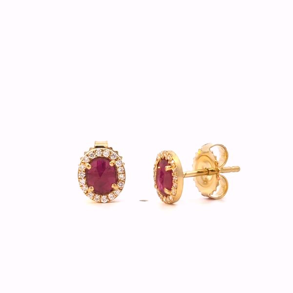 Oval Red Ruby and Diamond Halo Stud Earrings in 18k Yellow Gold Arezzo Jewelers Elmwood Park, IL