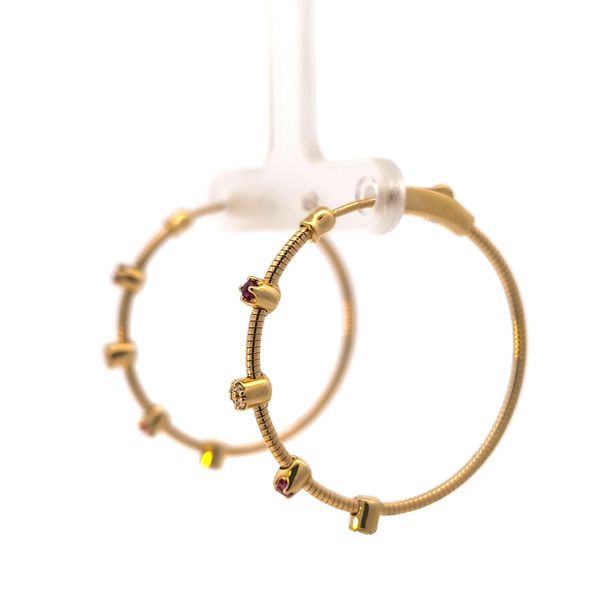 Textured 18k Yellow Gold Ruby & Diamond Station Hoop Earrings Image 2 Arezzo Jewelers Elmwood Park, IL