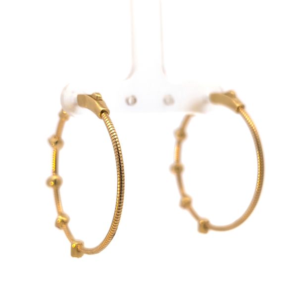 Textured 18k Yellow Gold Ruby & Diamond Station Hoop Earrings Image 3 Arezzo Jewelers Elmwood Park, IL