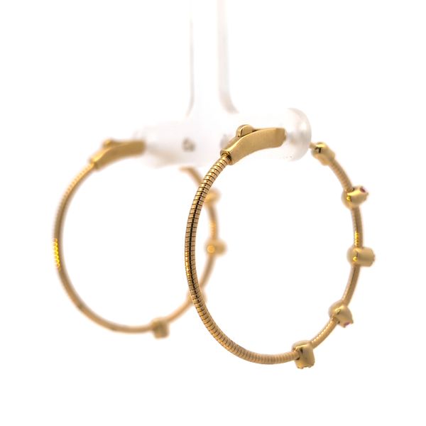 Textured 18k Yellow Gold Ruby & Diamond Station Hoop Earrings Image 4 Arezzo Jewelers Elmwood Park, IL