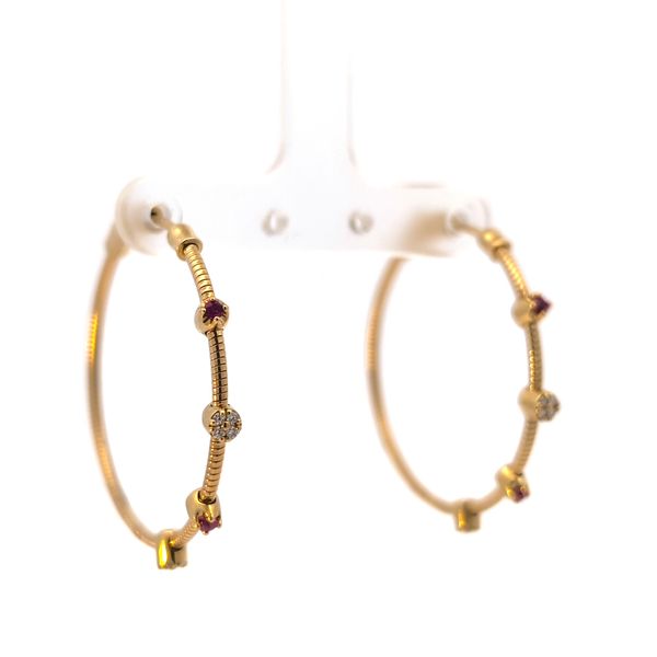 Textured 18k Yellow Gold Ruby & Diamond Station Hoop Earrings Arezzo Jewelers Elmwood Park, IL