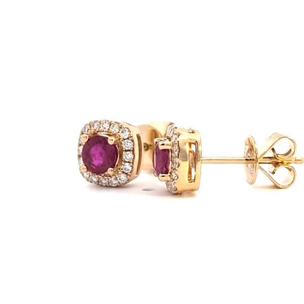 14 Karat Yellow Gold Ruby and Diamond Cushion Halo Stud Earrings Image 3 Arezzo Jewelers Elmwood Park, IL