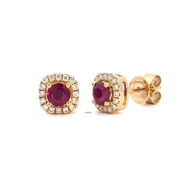 14 Karat Yellow Gold Ruby and Diamond Cushion Halo Stud Earrings Arezzo Jewelers Elmwood Park, IL