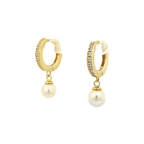 14K Yellow Gold 4.8mm Huggie Pearl and CZ Earrings Image 2 Arezzo Jewelers Elmwood Park, IL