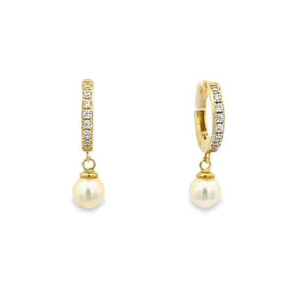 14K Yellow Gold 4.8mm Huggie Pearl and CZ Earrings Arezzo Jewelers Elmwood Park, IL