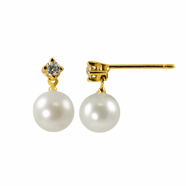 8mm AA Fresh Water Pearl & Diamond Dangle Earrings Arezzo Jewelers Elmwood Park, IL