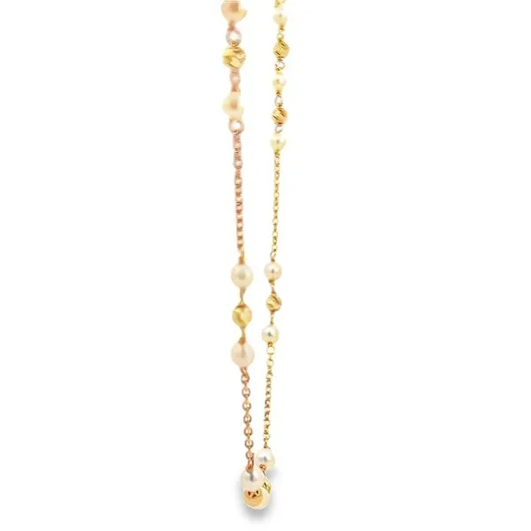 18k Yellow Gold Diamond Cut Bead and Freshwater Pearl Necklace Image 2 Arezzo Jewelers Elmwood Park, IL