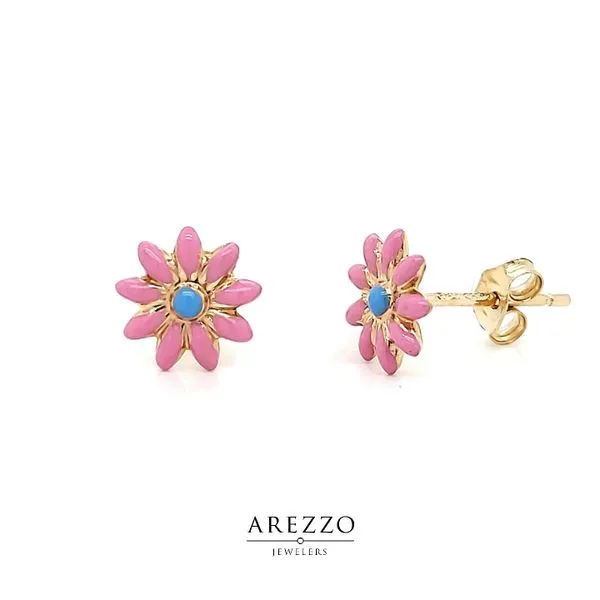 14k Yellow Gold Light Pink Flower Enamel Earrings Arezzo Jewelers Elmwood Park, IL