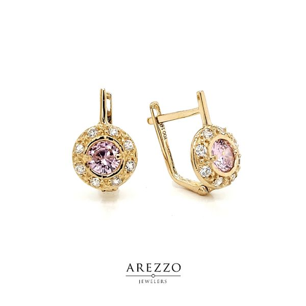 14k Yellow Gold Leverback Halo Earrings, Pink CZ Arezzo Jewelers Elmwood Park, IL