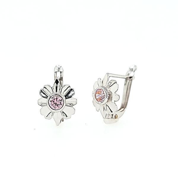 18k White Gold Daisy Leverback Children's Earrings Image 2 Arezzo Jewelers Elmwood Park, IL