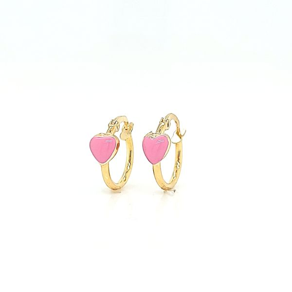 18k Yellow Gold Small Hoop Earrings with Pink Enamel Heart Image 2 Arezzo Jewelers Elmwood Park, IL