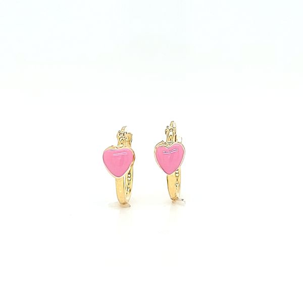 18k Yellow Gold Small Hoop Earrings with Pink Enamel Heart Arezzo Jewelers Elmwood Park, IL
