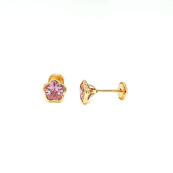 14k Yellow Gold Pink Flower CZ Stud Children's Earrings Image 2 Arezzo Jewelers Elmwood Park, IL