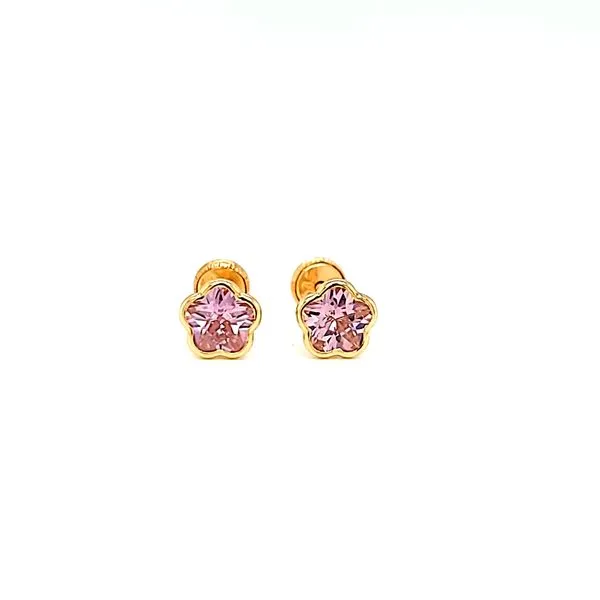 14k Yellow Gold Pink Flower CZ Stud Children's Earrings Arezzo Jewelers Elmwood Park, IL