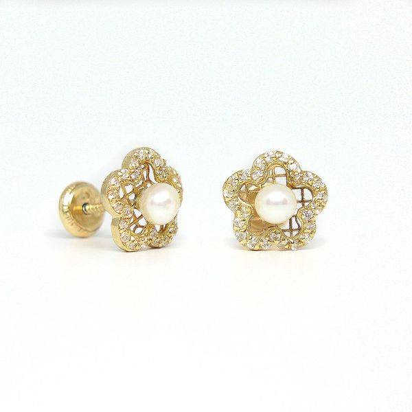 14k Yellow Gold Flower Earrings with CZ and Pearls Arezzo Jewelers Elmwood Park, IL