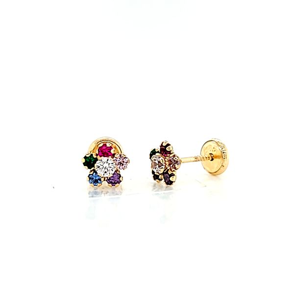 14kt Yellow Gold Pearl and Multicolor CZ Stud Earrings Arezzo Jewelers Elmwood Park, IL