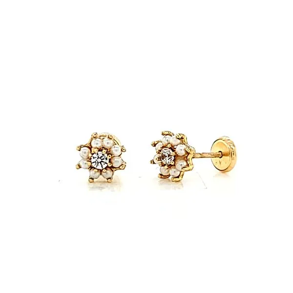 14kt Yellow Gold Pearl and CZ Cluster Earrings Arezzo Jewelers Elmwood Park, IL