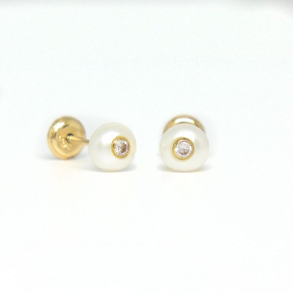 14k Yellow Gold 6mm Pearl CZ Earrings Arezzo Jewelers Elmwood Park, IL