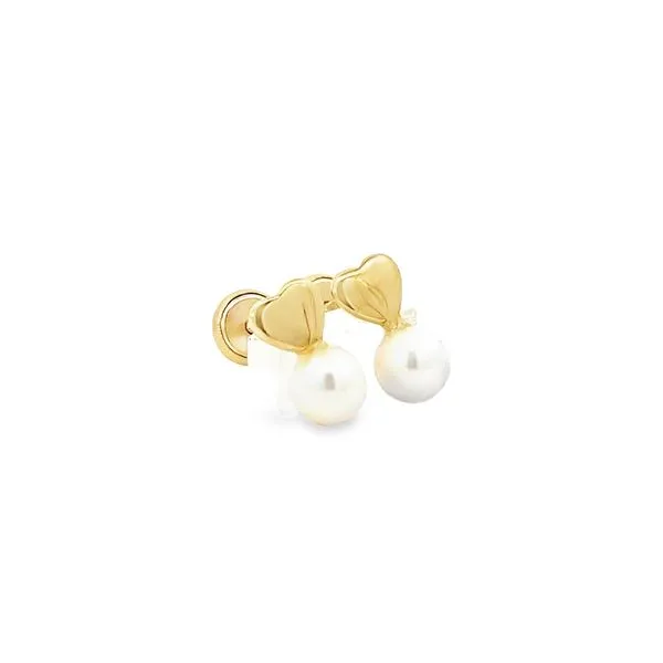 14K Yellow Gold Mini Hear and Pearl Children's Earrings Image 2 Arezzo Jewelers Elmwood Park, IL