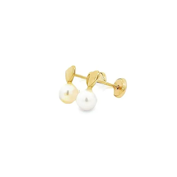 14K Yellow Gold Mini Hear and Pearl Children's Earrings Image 3 Arezzo Jewelers Elmwood Park, IL