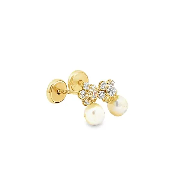 14K Yellow Gold CZ Flower and Pearl Children's Earrings Image 2 Arezzo Jewelers Elmwood Park, IL