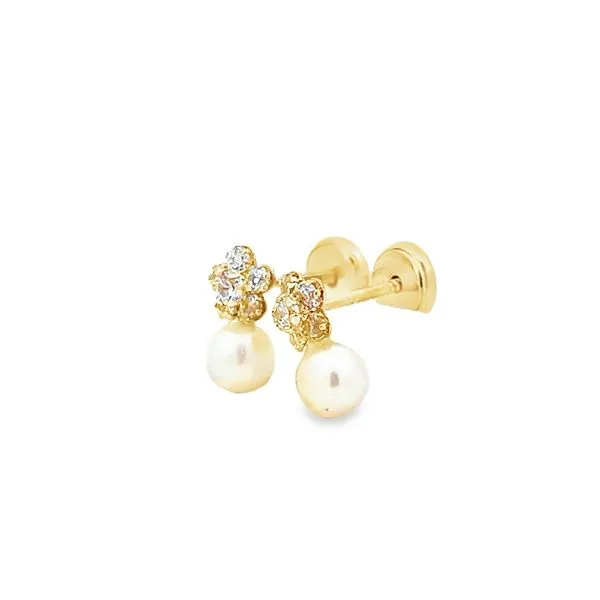 14K Yellow Gold CZ Flower and Pearl Children's Earrings Image 3 Arezzo Jewelers Elmwood Park, IL