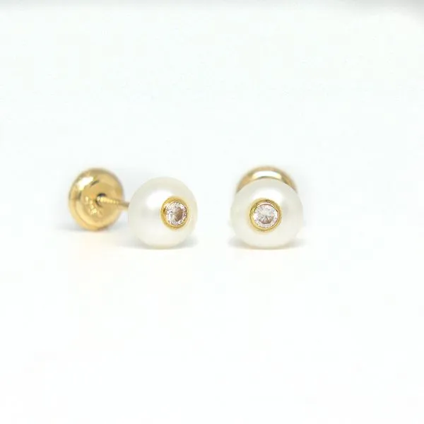 14k Yellow Gold 6mm Pearl CZ Earrings Arezzo Jewelers Elmwood Park, IL