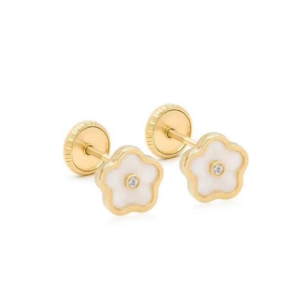 14K Yellow Gold Children's Mother of Pearl & CZ Earrings Arezzo Jewelers Elmwood Park, IL