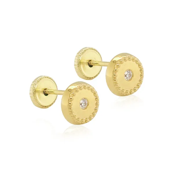 14K Yellow Gold Stud Children's Petite Beaded Circle CZ Stud Earrings Arezzo Jewelers Elmwood Park, IL