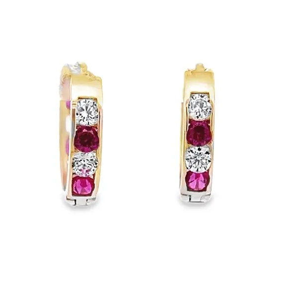 14k Yellow Gold Red & White CZ Huggie Childrens Earrings Image 2 Arezzo Jewelers Elmwood Park, IL