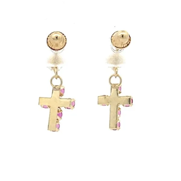 14K Yellow Gold Children's Dangle Cross Earrings with Red CZ's Image 3 Arezzo Jewelers Elmwood Park, IL