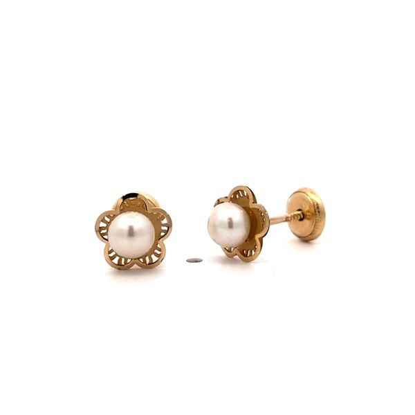 14k Yellow Gold Flower Pearl Post Earrings Arezzo Jewelers Elmwood Park, IL