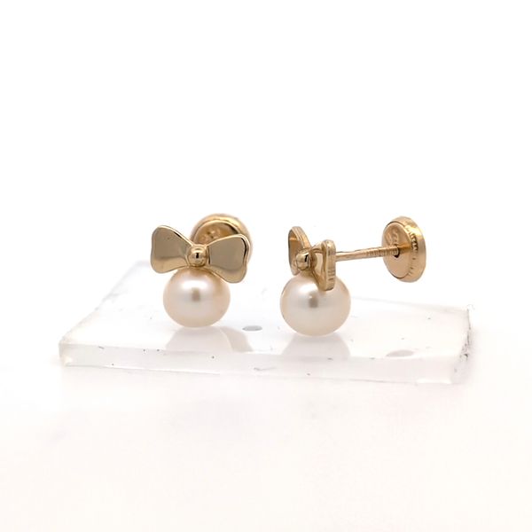 14k Yellow Gold Bow & Pearl Childrens Earrings Image 2 Arezzo Jewelers Elmwood Park, IL
