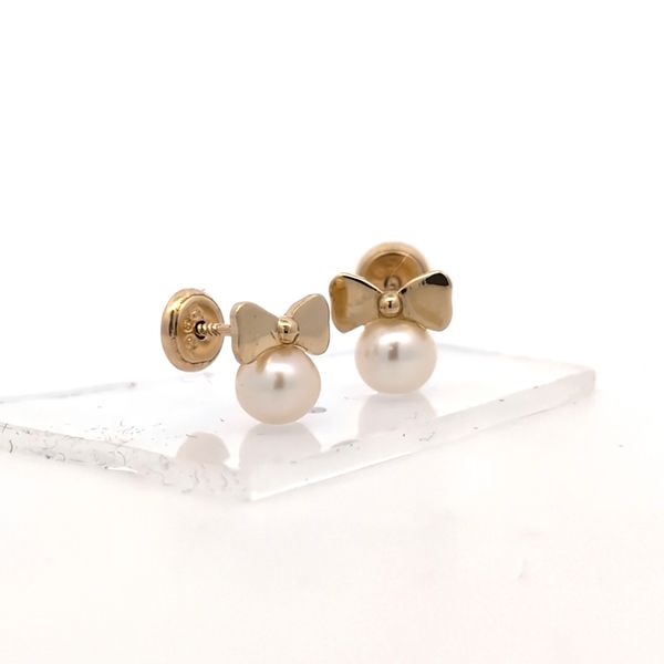 14k Yellow Gold Bow & Pearl Childrens Earrings Image 3 Arezzo Jewelers Elmwood Park, IL