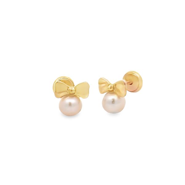 14k Yellow Gold Bow & Pearl Childrens Earrings Arezzo Jewelers Elmwood Park, IL