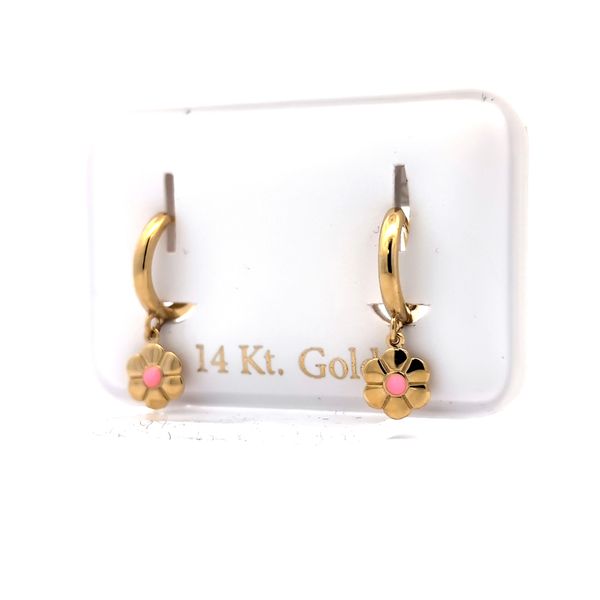 14 Karat Yellow Gold Pink Enamel Daisy Children's Huggie Earrings Image 3 Arezzo Jewelers Elmwood Park, IL