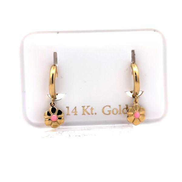 14 Karat Yellow Gold Pink Enamel Daisy Children's Huggie Earrings Arezzo Jewelers Elmwood Park, IL