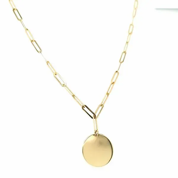 14k yellow gold Paperclip necklace with Engraveable circle pendant Arezzo Jewelers Elmwood Park, IL