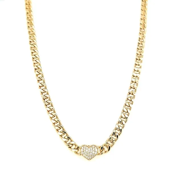 14k Yellow Gold Cuban Link Pave CZ Heart Necklace Arezzo Jewelers Elmwood Park, IL