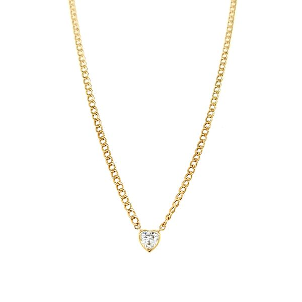 14K Yellow Gold Curb Link Necklace With Bezel Set CZ Heart Arezzo Jewelers Elmwood Park, IL