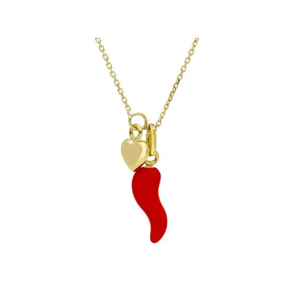 18k Yellow Gold and Red Enamel Italian Horn and Heart Necklace Arezzo Jewelers Elmwood Park, IL